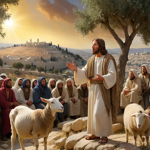 Prompt: Jesus teaching the sermon on the Mount. He stands enigmatically exuding the divine spirit placed upon him. Humble yet divine. The Son of God personified. Jesus is surrounded by people. A crowd of people who are listening to his sermon. The scenery is amazing. It is a rugged rural landscape of Jerusalem where Jesus stands on top of the Mount. The scene is set near Jesus. The City of Jerusalem at the time of Jesus is in the background. Olive trees grow on the Mount. And one goat and one sheep can be seen feeding. Jesus is wearing the garments of the day with a sash. The sun is setting and the sky is a golden sunset. 