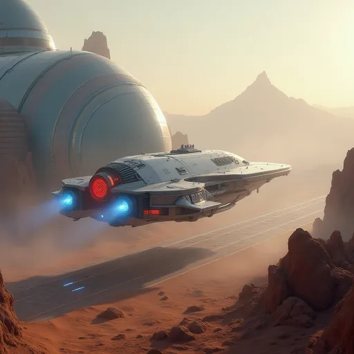 Prompt: Amidst a space port landscape dotted with rocky formations, a sleek, futuristic freighter spaceship glides gracefully to land on the landing pad of a big futuristic space port. The space port is dazzling blue and white and made up of domed glass structures that exude technical prowess and strip lighting. The spaceship lands slowly through the soft hues of a dusty atmosphere, illuminated by the warm light of an unseen sun. Its metallic surface, accented by glowing red and white lights, reflects a precision-engineered design, suggesting advanced technology and power. The ship's back end and under belly has landing thrusters that emit brilliant blue hues creating a striking contrast against the muted earthy tones surrounding it. In the background, a distant mountainous silhouette looms, hinting at an otherworldly terrain that enhances the sense of exploration and adventure inherent in the scene. This captivating image exudes a mood of mystery and innovation, inviting viewers to imagine the stories unfolding in such an uncharted realm.