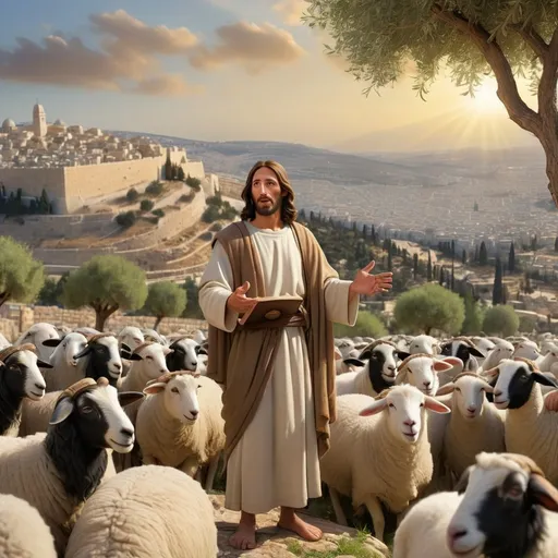 Prompt: Jesus teaching the sermon on the Mount. He stands enigmatically exuding the divine spirit placed upon him. Humble yet divine. The Son of God personified. He is surrounded by a crowd of people who are listening to his sermon. The scenery is amazing. It is a rugged rural landscape of Jerusalem where Jesus stands on top of the Mount. The scene is set near Jesus. The City of Jerusalem at the time of Jesus is in the background. Olive trees grow on the Mount. And some sheep can be seen and goats too feeding on the plants that grow in Israel. Jesus is wearing the garments of the day with a sash. 