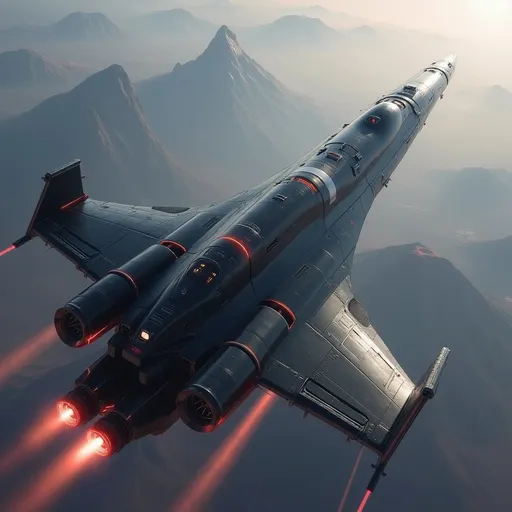 Prompt: Soaring above a sea of soft distant red mountainous landscape and extinct Mons volcano of Mars, a sleek, modern spacecraft propels forward with brilliant engine flames streaming behind it, illuminating the atmosphere with a fiery glow. The vessel features a streamlined, aerodynamic design, marked by sharp angles and a polished, metallic surface that reflects the ambient light of the sky. With its jet-black body contrasting against the pale red hues of Mars planet around it, the scene captures a sense of adventure and technological prowess. The upward angle enhances the feeling of ascent, lending a dynamic perspective, as the ship's sturdy wings and vibrant red accents stand out boldly. This moment conveys an exhilarating narrative of exploration and breakthrough, inviting imaginations to soar alongside it.