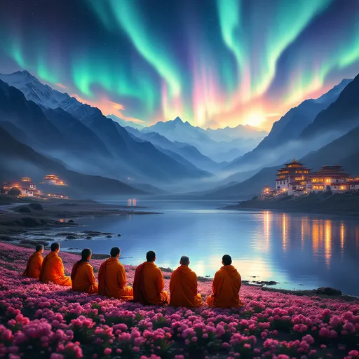Prompt: Gathered in serene contemplation, a group of individuals dressed in vibrant orange, white, and dark robes kneels on a bed of pink flowers by a tranquil lake, their gazes directed towards an ethereal display of the northern lights illuminating the night sky. Set against a backdrop of majestic Tibetan mountains and Tibetan architecture, the scene exudes a mystical atmosphere, enhanced by the shimmering reflections in the still water. The soft glow from the windows of nearby structures adds warmth to the cool colors of the night, while the gentle slope of the landscape leads the eye through a harmonious blend of nature and architecture. This enchanting moment captures a sense of unity and reverence, inviting a narrative of connection with the cosmos and nature’s beauty.