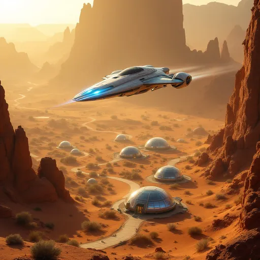 Prompt: Soaring through the golden haze of a vast desert landscape, a sleek, futuristic spaceship with bright blue thrusters hovers effortlessly above a settlement scattered across the arid terrain of Mars. The environment features towering rock formations that pierce the sky, casting elongated shadows on the softly curving pathways that wind around transparent, dome-shaped habitats nestled among sparse vegetation. A warm, glowing light bathes the scene, suggesting either dawn or dusk, amplifying the otherworldly feel of the moment. The overall composition conveys a sense of isolation combined with advanced technology, evoking a narrative of exploration and survival in an alien world.