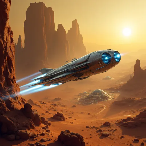 Prompt: Navigating through an ethereal landscape of Mars, a sleek freighter spacecraft with gleaming metallic surfaces and fierce blue fusion engine bursts propels itself against a backdrop of golden hues cast by a low sun. The expansive terrain is dotted with towering rock formations that rise dramatically from the dusty ground, while glass domed cities below hint at domed ecosystem technology. Blue exhaust hints ant the spacecraft’s dynamic motion and the thrill of exploration of the red planet. The composition evokes a sense of adventure and mystery, drawing the viewer into a narrative of space exploration and discovery amidst an alien environment.