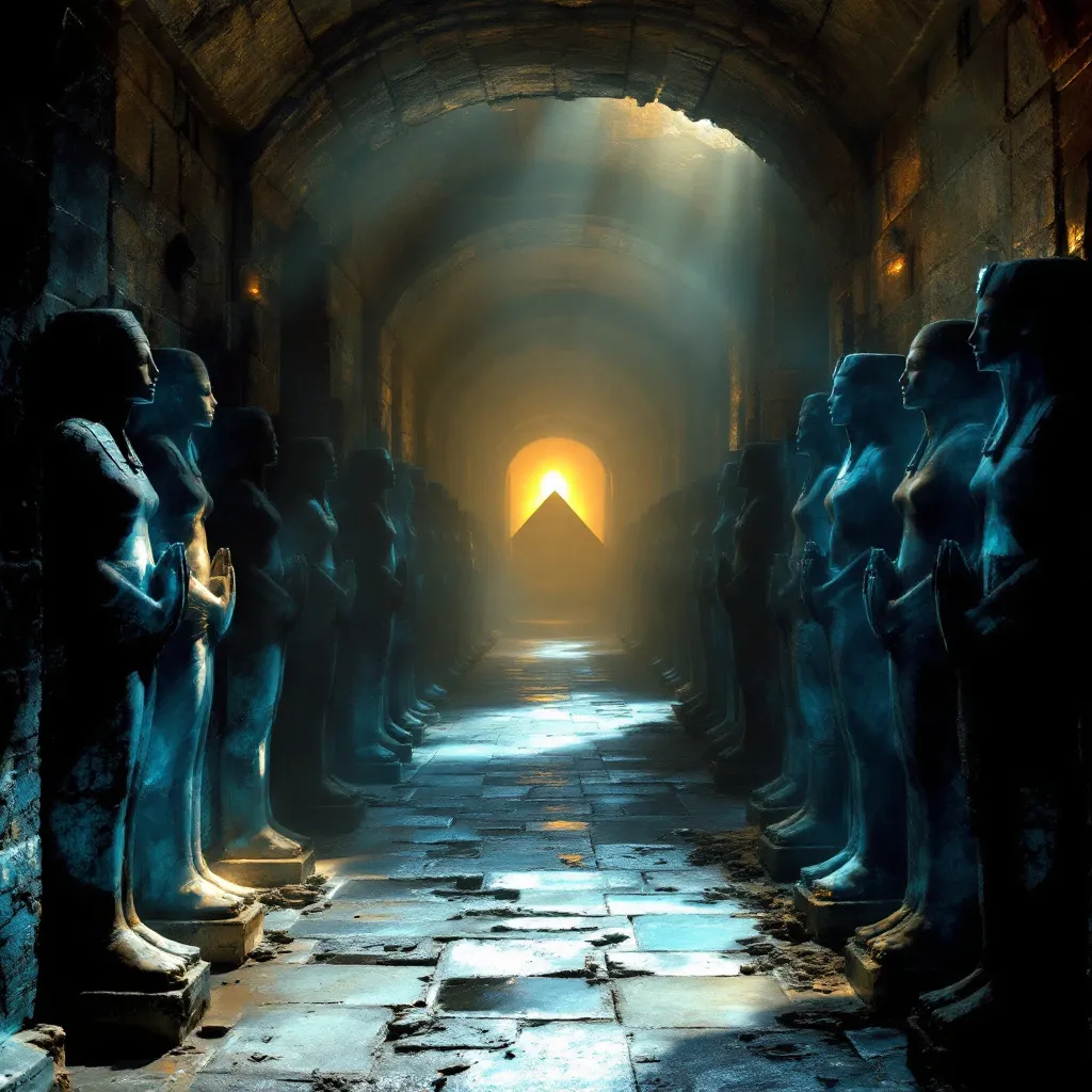 Prompt: In the halls of Amenti beneath the Pyramids of Giza, a hallowed hall filled with Figures on either side in blue and black obsidian. The hallway is ancient and is filled with a dusty twilight and divine light. The figures have an otherworldly feel as if speaking of Mars and Sirius. God like figures some are kneeling and some are resplendent as if in acknowledgement of the divine presence before them. 