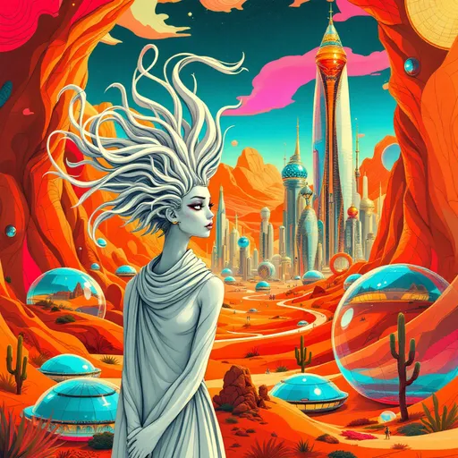 Prompt: A surreal landscape on Mars unfolds in shades of orange and red, depicting a futuristic scene filled with various architectural marvels, such as futuristic glass domed cities filled with twisted skyscrapers that rise against a vibrant sky. The glass domes shine with radiance as they cover the cities completely in their own ecosystem. In the foreground, a stylized white humanoid in an Egyptian style with an emotional expression stands, characterized by flowing lines and a unique hairstyle that resembles strands of abstract art. Wisps of colorful waves sweep across the composition, suggesting movement and dynamism while framing the figure's pensive gaze. The overall style evokes a blend of dreamy abstraction and sci-fi aesthetics, inviting a sense of wonder and intrigue about this imaginative world. The mood is both contemplative and adventurous, hinting at the exploration of uncharted realms.