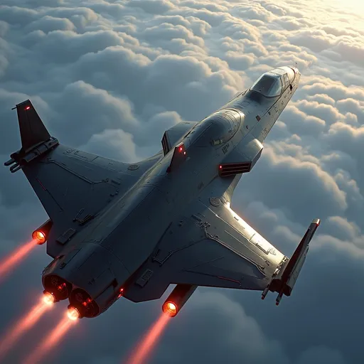 Prompt: Soaring above a sea of soft, billowing clouds, a sleek, modern spacecraft propels forward with brilliant engine flames streaming behind it, illuminating the atmosphere with a fiery glow. The vessel features a streamlined, aerodynamic design, marked by sharp angles and a polished, metallic surface that reflects the ambient light of the sky. With its jet-black body contrasting against the pale blue hues around it, the scene captures a sense of adventure and technological prowess. The upward angle enhances the feeling of ascent, lending a dynamic perspective, as the ship's sturdy wings and vibrant red accents stand out boldly. This moment conveys an exhilarating narrative of exploration and breakthrough, inviting imaginations to soar alongside it.