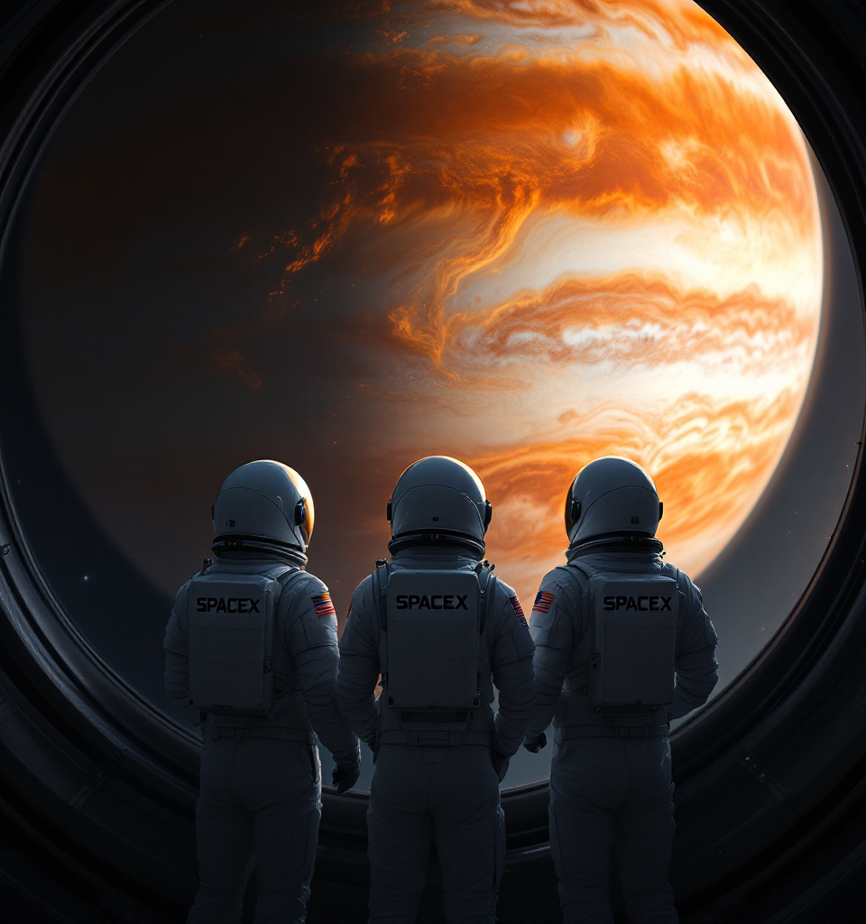 Prompt: Gazing out from an impressive spacecraft observation deck, three astronauts clad in white suits emblazoned with "SPACEX" stand in awe of the immense and vivid planet Jupiter, whose swirling clouds and rich, warm hues dominate the backdrop. The scene is set in the quiet expanse of space, highlighted by the dark void contrasting against Jupiter's striking atmosphere, accentuated by the soft, ethereal light that filters through the viewing window. Each astronaut, positioned side by side, exhibits a sense of wonder and curiosity, their helmets reflecting the grandeur of the gas giant, embodying the spirit of exploration and adventure. This striking visual composition invites the viewer to contemplate the boundless possibilities of space travel and the enigmas that await beyond Earth.