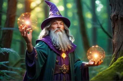 Prompt: Wizard Orion in a mystical forest around sunlight