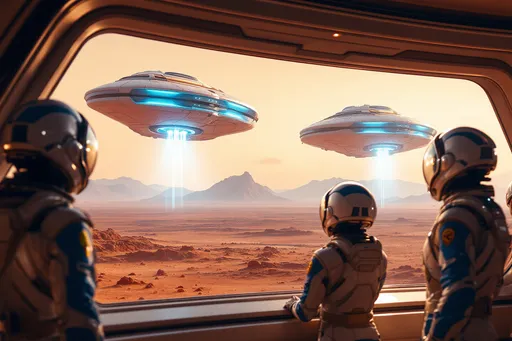Prompt: Framed by a large panoramic curved futuristic window, a group of four figures clad in sleek, blue and white space suits and futuristic space helmets with visors open gazes out at two futuristic starships gracefully launching into the sky, their fusion powered blue exhaust directed downwards and illuminating the dawn-like atmosphere. The starships are the size of freighters and horizontal futuristic starships, large yet gracefully departing. The visible landscape is dominated by an expansive Mars landscape, hinting at a remote launch site as distant mountains rise softly in the background. The expressions of the figures – a mix of awe and determination – convey a sense of hope and adventure. Bathed in warm, soft lighting, the scene has a vibrant, almost dream-like quality, capturing a pivotal moment of technological achievement and human aspiration in the realm of space exploration.