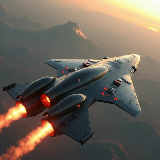 Prompt: Soaring above a glass domed city and a sea of soft distant red mountainous landscape and the extinct Mons volcano of Mars, a sleek, long, yet broad bodied modern spacecraft freighter propels forward with brilliant engine flames streaming behind it, illuminating the atmosphere with a fiery glow. The vessel features a streamlined, aerodynamic design, marked by sharp angles and a polished, metallic surface that reflects the ambient light of the sky. With its jet-black body contrasting against the pale red hues of Mars planet around it, the scene captures a sense of adventure and technological prowess. The upward angle enhances the feeling of ascent, lending a dynamic perspective, as the ship's sturdy wings and vibrant red accents stand out boldly. This moment conveys an exhilarating narrative of exploration and breakthrough, inviting imaginations to soar alongside it.