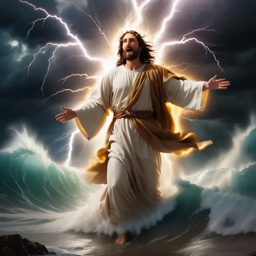 Prompt: Jesus walking on water in a storm surrounded by lightning and thunder. Jesus is transfigured in an awesome light. Waves are crashing against the shoreline. 