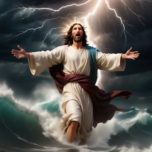 Prompt: Jesus walking on water in a storm surrounded by lightning and thunder. Jesus is transfigured in an awesome light. Waves are crashing against the shoreline. Jesus face is perfectly formed and calm. The storm is vivid and strong. The sky dark and enigmatic. 