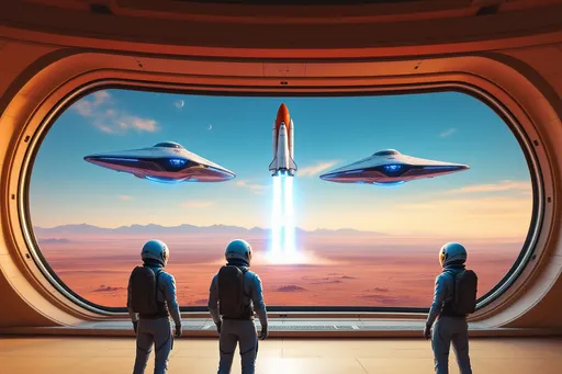 Prompt: Framed by a large panoramic curved futuristic window, a group of four figures clad in sleek, blue and white space suits and futuristic space helmets with visors open gazes out at two futuristic starships gracefully launching into the sky, their fusion powered blue exhaust directed downwards and illuminating the dawn-like atmosphere. The starships are the size of freighters and horizontal futuristic starships, large yet gracefully departing. The visible landscape is dominated by an expansive Mars landscape, hinting at a remote launch site as distant mountains rise softly in the background. The expressions of the figures – a mix of awe and determination – convey a sense of hope and adventure. Bathed in warm, soft lighting, the scene has a vibrant, almost dream-like quality, capturing a pivotal moment of technological achievement and human aspiration in the realm of space exploration.