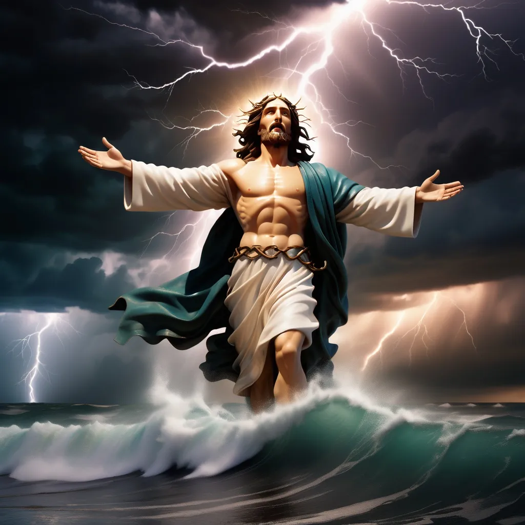 Prompt: Jesus is on the horizon walking on water in a storm surrounded by lightning and thunder. He is transfigured in an awesome light. Waves are crashing against the shoreline in the foreground. Jesus face is perfectly formed and calm. The storm is vivid and strong. The sky dark and enigmatic. 