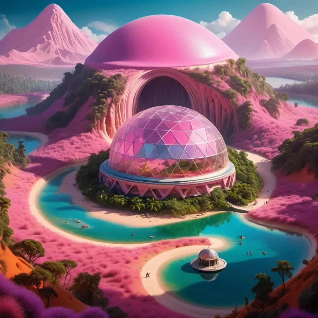 Prompt: A surreal and vividly imaginative landscape unfolds, featuring a colossal dome encasing a miniature, verdant mountain surrounded by lush trees and a winding path, set against a backdrop of strikingly colorful, alien terrain. This enclosed paradise sits within a vivid, pink-hued lake, contrasting sharply with the rich, orange sands of the surrounding landscape, which is dotted with jagged rock formations that stretch towards an atmospheric horizon filled with billowing clouds. The otherworldly environment is further enhanced by additional smaller domes, hinting at potential human habitation or exploration in this fantastical setting. The overall composition merges a dreamlike quality with rich colors and unusual forms, evoking a sense of wonder and curiosity about life and landscapes beyond Earth.