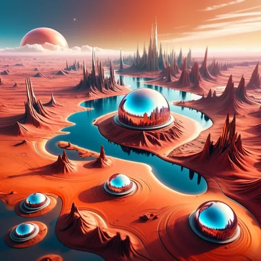 Prompt: aerial view, tilt-shift, isometric miniature world, detailed landscape Mars world render with futuristic glass domes filled with forests and lakes and futuristic twisted skyscrapers. Mount Mons is part of this landscape with dramatic sky. Red and orange tones with blue sky. Dramatic Martian clouds with red and pink and rustic hues. Airy feel as Mars is being terraformed into a beautiful landscape. Airy and light with glass domes iridescent with refracted light from the sunset. 