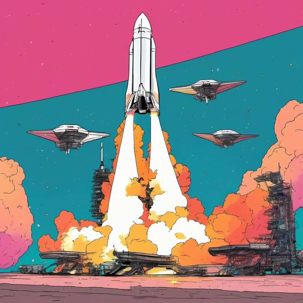 Prompt: A wide delta wing starship lifts off with the heavy booster rocket from Space x facility in west keys Florida. It’s important to emphasise the delta wing as wide enough to incorporate rocket engines either side of the starship - either side of the heavy booster rocket hot staging area. 