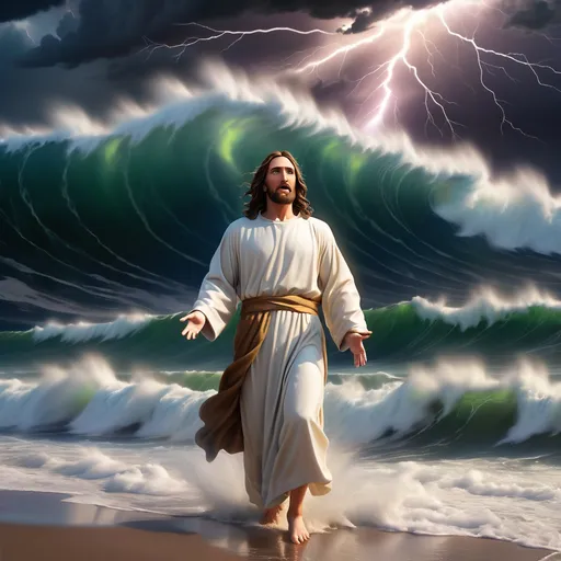 Prompt: Jesus is clothed and on the horizon as a figure in the distance a mile away and walking on water in a storm surrounded by lightning and thunder. He is transfigured in an awesome light. Waves are crashing against the shoreline in the foreground. Jesus face is perfectly formed and calm. The storm is vivid and strong. The sky dark and enigmatic with waves of iridescent lightning. 