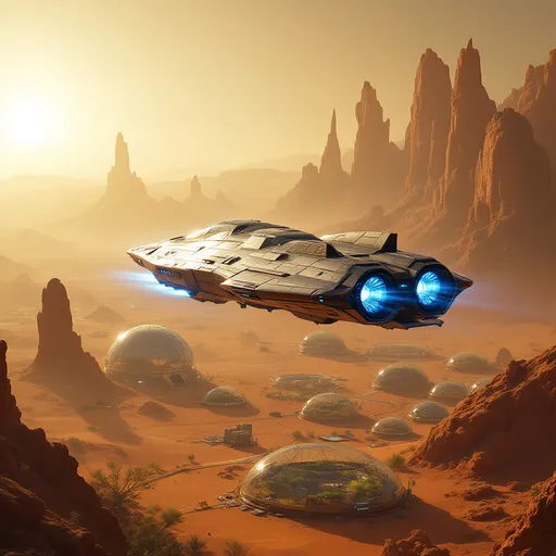 Prompt: Navigating through an ethereal landscape of Mars, a sleek freighter spacecraft with gleaming metallic surfaces and fierce blue fusion engine propels itself against a backdrop of golden hues cast by a low sun. The ship is given the impression of ascending above domed cities filled with vegetation and futuristic structures. The expansive terrain is dotted with towering rock formations that rise dramatically from the dusty ground, while the glass domed cities below hint at domed ecosystem technology. Blue engines at the back of  the spacecraft hints at dynamic motion and the thrill of exploration of the red planet. The composition evokes a sense of adventure and mystery, drawing the viewer into a narrative of space exploration and discovery amidst an alien environment.