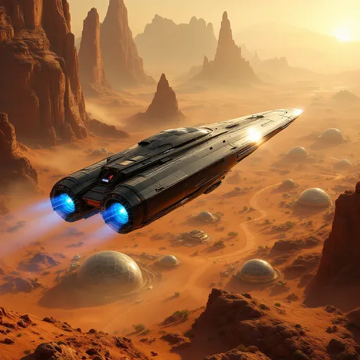 Prompt: Navigating through an ethereal landscape of Mars, a sleek freighter spacecraft with gleaming metallic surfaces and fierce blue fusion engine propels itself against a backdrop of golden hues cast by a low sun. The ship is given the impression of ascending above domed cities filled with vegetation and futuristic structures. The expansive terrain is dotted with towering rock formations that rise dramatically from the dusty ground, while the glass domed cities below hint at domed ecosystem technology. Blue engines at the back of  the spacecraft hints at dynamic motion and the thrill of exploration of the red planet. The composition evokes a sense of adventure and mystery, drawing the viewer into a narrative of space exploration and discovery amidst an alien environment.
