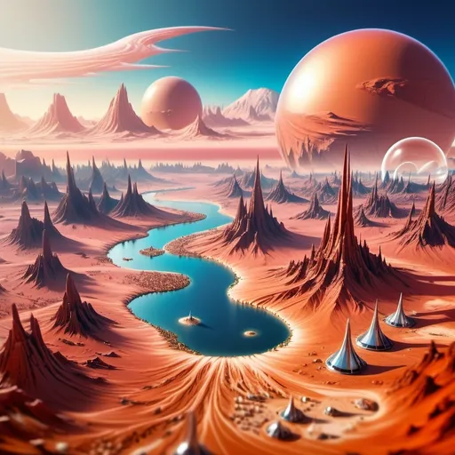 Prompt: aerial view, tilt-shift, isometric miniature world, detailed landscape Mars world render with futuristic glass domes filled with forests and lakes and futuristic twisted skyscrapers. Mount Mons the dormant volcano is part of this landscape with dramatic sky. Red and orange tones with blue sky. Dramatic Martian clouds with red and pink and rustic hues. Airy feel as Mars is being terraformed into a beautiful landscape. Airy and light with glass domes iridescent with refracted light from the sunset. 
