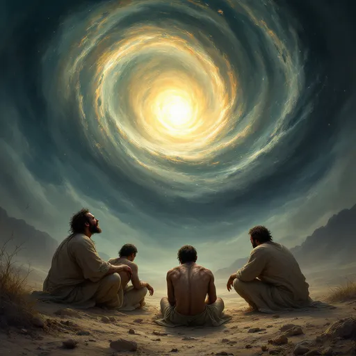 Prompt: Job’s discourse with God. God appears as a whirlwind to Job. The air is heavy with the presence of divine mystery and revelation. God’s light is veiled within the mighty whirlwind that is near Job. Job sits in the dirt destitute and covered in sores. His three friends sit next to him and cower at the sight of the whirlwind that talks. The landscape is heavy with the presence of God with lightning and mysterious cloud formations illuminated by the glory of God. A sense of timelessness. A sense of divine timing and glorious fulfilment. 
