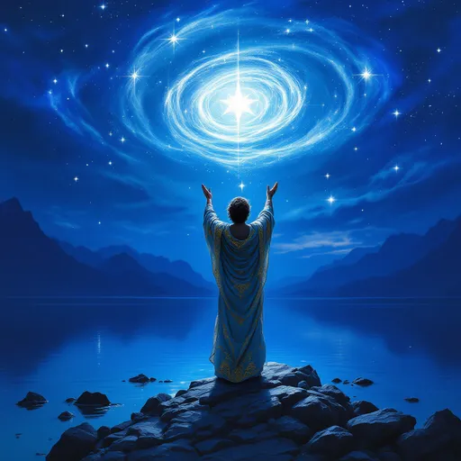 Prompt: Beneath a mesmerizing twilight sky painted in deep blue hues, a majestic figure stands on a rocky shore, embodying a powerful sorcerer or celestial being. Clad in flowing robes adorned with intricate gold patterns, he raises his hands towards a luminous star that radiates a brilliant light, giving rise to a swirling spiral of energy and light above him. The tranquil water reflects the celestial phenomenon, enhancing the scene’s mystical atmosphere, while distant mountains loom softly in the background, adding depth to the serene landscape. The image conveys a sense of wonder and magic, inviting viewers to marvel at the connection between the cosmic and the earthly realms, illuminating themes of creation and divine power.