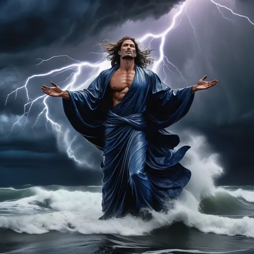 Prompt: Emerging majestically from turbulent ocean waves, a powerful figure stands with one hand extended, exuding an aura of divine authority amidst a dramatic storm. The scene is illuminated by jagged flashes of lightning, which pierce through dark, swirling clouds, casting an ethereal glow on the figure's sculpted physique draped in flowing robes. The color palette is dominated by dark blues and grays, contrasting with the bright lightning, enhancing the mood of intensity and awe. The tumultuous water splashes around the figure's feet, symbolizing both chaos and divine intervention, creating an evocative narrative of strength and serenity in the face of nature's fury. A sense of reverence permeates the atmosphere, inviting contemplation of the divine amidst the storm.