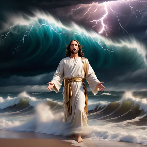 Prompt: Jesus is clothed and on the horizon as a figure in the distance a mile away and walking on water in a storm surrounded by lightning and thunder. He is transfigured in an awesome light. Waves are crashing against the shoreline in the foreground. Jesus face is perfectly formed and calm. The storm is vivid and strong. The sky dark and enigmatic with waves of iridescent lightning. 