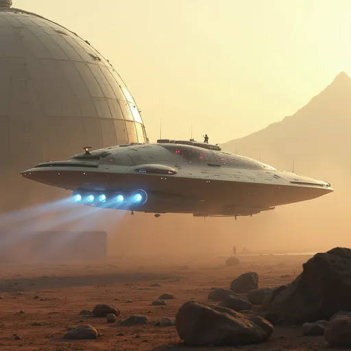 Prompt: Amidst a space port landscape dotted with rocky formations, a sleek, futuristic freighter spaceship glides gracefully to land on the landing pad of a big futuristic space port. The space port is made up of domed glass structures that exude technical prowess. The spaceship lands slowly through the soft hues of a dusty atmosphere, illuminated by the warm light of an unseen sun. Its metallic surface, accented by glowing red and white lights, reflects a precision-engineered design, suggesting advanced technology and power. The ship's back end and under belly has landing thrusters that emit brilliant blue hues creating a striking contrast against the muted earthy tones surrounding it. In the background, a distant mountainous silhouette looms, hinting at an otherworldly terrain that enhances the sense of exploration and adventure inherent in the scene. This captivating image exudes a mood of mystery and innovation, inviting viewers to imagine the stories unfolding in such an uncharted realm.