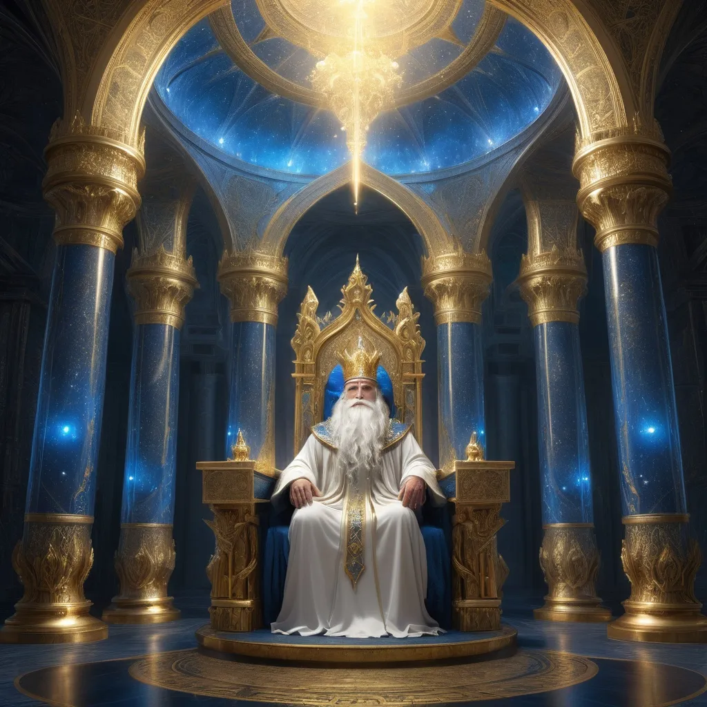 Prompt: 
A grand, otherworldly throne room of towering gilded pillars and intricately engraved archways, suffused with a luminous, celestial glow. At the focal point stands a regal, ancient wizard figure with a long, flowing white beard and piercing eyes, adorned in lavish ceremonial robes of opalescent blue and gold filigree. His ornate crown is composed of layered spires reminiscent of fractal geometry, set with glowing gems that pulsate in rhythmic, otherworldly patterns. Floating geometric mandalas, arcane sigils, and ethereal orbs of cosmic energy revolve overhead, tracing slow, methodical paths through the charged atmosphere. Streams of light swirl around him as if tethered to his every movement, illuminating the intricate metallic latticework woven into his armor-like shoulders and layered fabric. He wields a tall, ornate staff crowned with swirling crystalline structures that emanate radiance, as though channeling elemental forces from distant star fields. The grand floor beneath him is etched with complex circular symbols and shimmering runes that span outward in expanding concentric designs, casting reflections onto the pillars in luminous waves. Dust motes and glowing particles meander through the air, creating a mystical haze. The wizard’s posture and outstretched arms convey both authority and transcendence, while intangible magical currents spiral upward toward a colossal cosmic diagram nested within the vaulted ceiling. The entire scene suggests a moment of high ritual or divine communion, merging high fantasy aesthetics with cosmic, futuristic undertones—an epic display of celestial power, ancient wisdom, and cosmic architecture enveloped in swirling arcs of light.