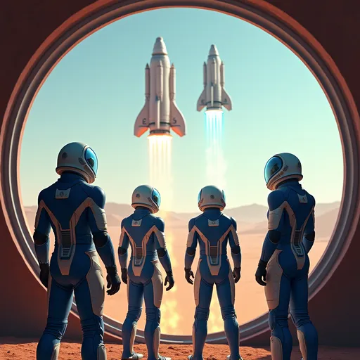 Prompt: Framed by a large curved futuristic window, a group of four figures clad in sleek, blue and white space suits and futuristic space helmets with visors open gazes out at two futuristic starships gracefully launching into the sky, their fiery fusion powered blue exhaust illuminating the dawn-like atmosphere. The starships are the size of freighters, large yet gracefully departing. The visible landscape is dominated by an expansive Mars landscape, hinting at a remote launch site as distant mountains rise softly in the background. The expressions of the figures – a mix of awe and determination – convey a sense of hope and adventure. Bathed in warm, soft lighting, the scene has a vibrant, almost dream-like quality, capturing a pivotal moment of technological achievement and human aspiration in the realm of space exploration.