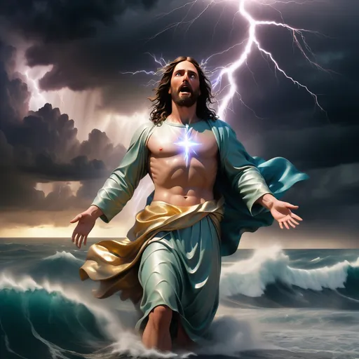 Prompt: Jesus is fully clothed and on the horizon in the distance walking on water in a storm surrounded by lightning and thunder. He is transfigured in an awesome light. Waves are crashing against the shoreline in the foreground. Jesus face is perfectly formed and calm. The storm is vivid and strong. The sky dark and enigmatic with waves of iridescent lightning. 