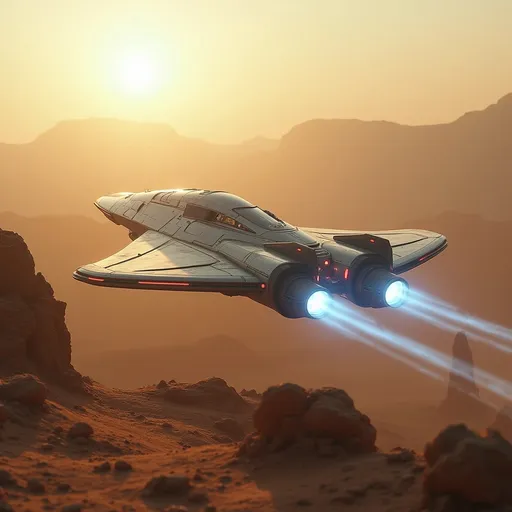 Prompt: Amidst a barren landscape dotted with rocky formations, a sleek, futuristic spaceship glides gracefully through the soft hues of a dusty atmosphere, illuminated by the warm light of an unseen sun. Its metallic surface, accented by glowing red and white lights, reflects a precision-engineered design, suggesting advanced technology and power. The ship's back end has thrusters that emit brilliant blue flames, creating a striking contrast against the muted earthy tones surrounding it. In the background, a distant mountainous silhouette looms, hinting at an otherworldly terrain that enhances the sense of exploration and adventure inherent in the scene. This captivating image exudes a mood of mystery and innovation, inviting viewers to imagine the stories unfolding in such an uncharted realm.