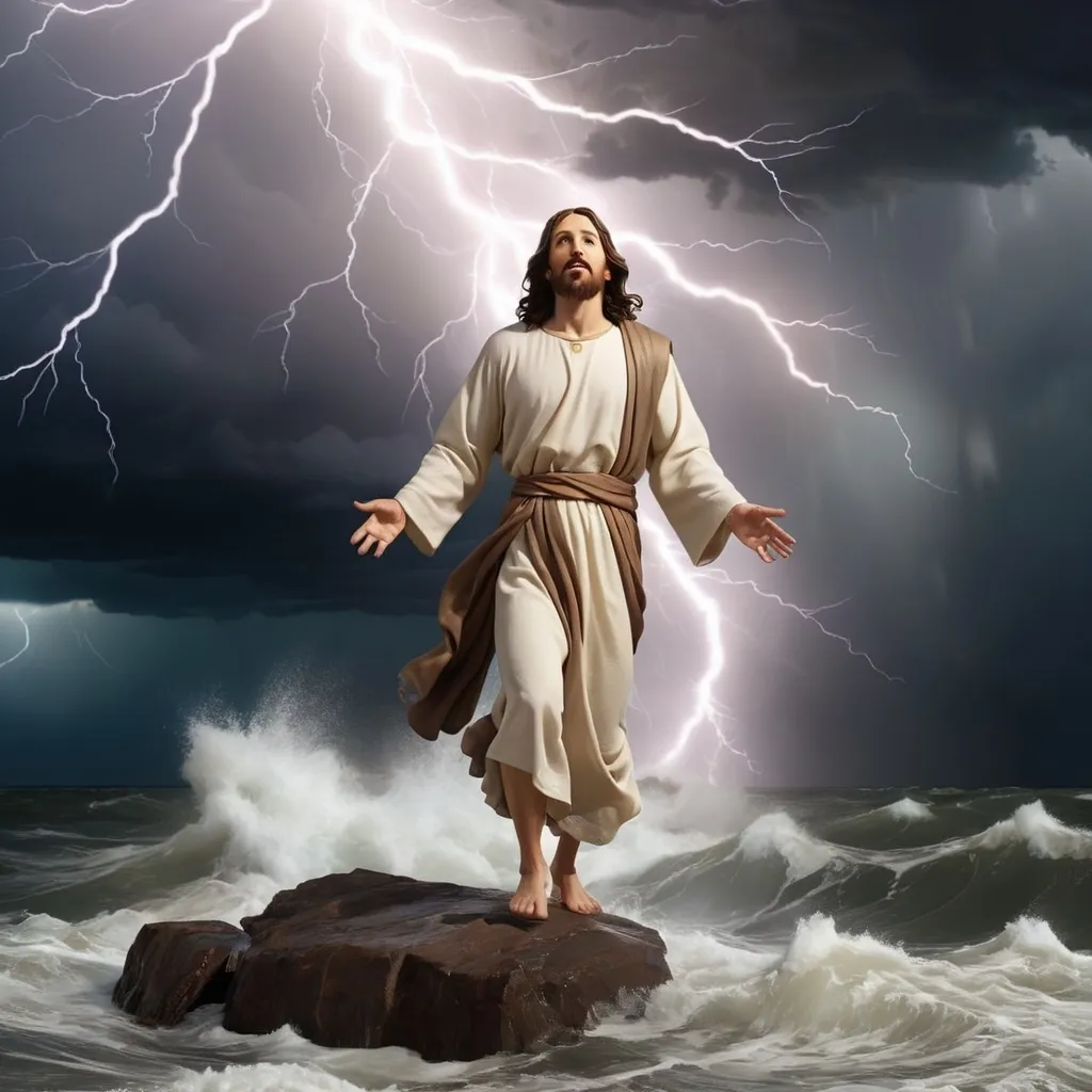 Prompt: Jesus walking on water in a storm surrounded by lightning and thunder. Jesus is transfigured in light that is subtle and regal. Waves are crashing against the shoreline. 