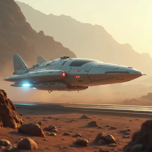 Prompt: Amidst a space port landscape dotted with rocky formations, a sleek, futuristic freighter spaceship glides gracefully to land on the landing pad of a big futuristic space port. The space port is made up of domed glass structures that exude technical prowess. The spaceship lands slowly through the soft hues of a dusty atmosphere, illuminated by the warm light of an unseen sun. Its metallic surface, accented by glowing red and white lights, reflects a precision-engineered design, suggesting advanced technology and power. The ship's back end and under belly has landing thrusters that emit brilliant blue hues creating a striking contrast against the muted earthy tones surrounding it. In the background, a distant mountainous silhouette looms, hinting at an otherworldly terrain that enhances the sense of exploration and adventure inherent in the scene. This captivating image exudes a mood of mystery and innovation, inviting viewers to imagine the stories unfolding in such an uncharted realm.