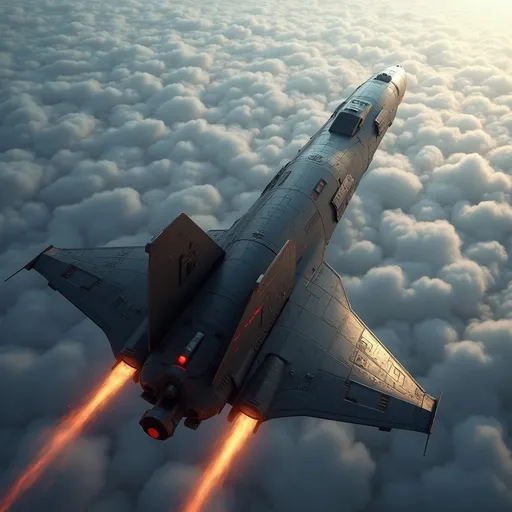 Prompt: Soaring above a sea of soft, billowing clouds, a sleek, modern spacecraft propels forward with brilliant engine flames streaming behind it, illuminating the atmosphere with a fiery glow. The vessel features a streamlined, aerodynamic design, marked by sharp angles and a polished, metallic surface that reflects the ambient light of the sky. With its jet-black body contrasting against the pale blue hues around it, the scene captures a sense of adventure and technological prowess. The upward angle enhances the feeling of ascent, lending a dynamic perspective, as the ship's sturdy wings and vibrant red accents stand out boldly. This moment conveys an exhilarating narrative of exploration and breakthrough, inviting imaginations to soar alongside it.