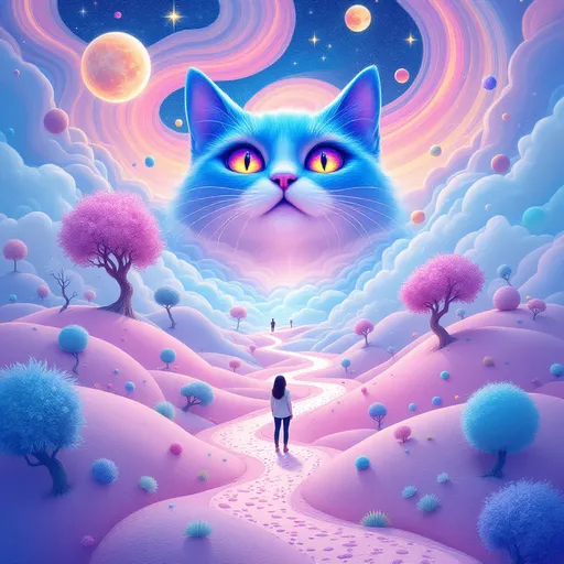 Prompt: A whimsical dreamscape unfolds, featuring a large, serene female cat adorned with vibrant divine eyes open in tranquility as flowing light blends into the cosmic sky, dotted with colorful planets and twinkling stars. Below her, a surreal landscape of soft pink and blue hues creates curvaceous hills speckled with brightly colored orbs and peculiar trees, while a winding path invites exploration into the whimsical realm. A lone figure stands contemplatively on the path, silhouetted against the enchanting scenery, suggesting a narrative of introspection and connection with the fantastical environment. The overall composition plays with vibrant colors and imaginative shapes, evoking a sense of wonder and serenity, as if capturing a moment between dreams and reality.