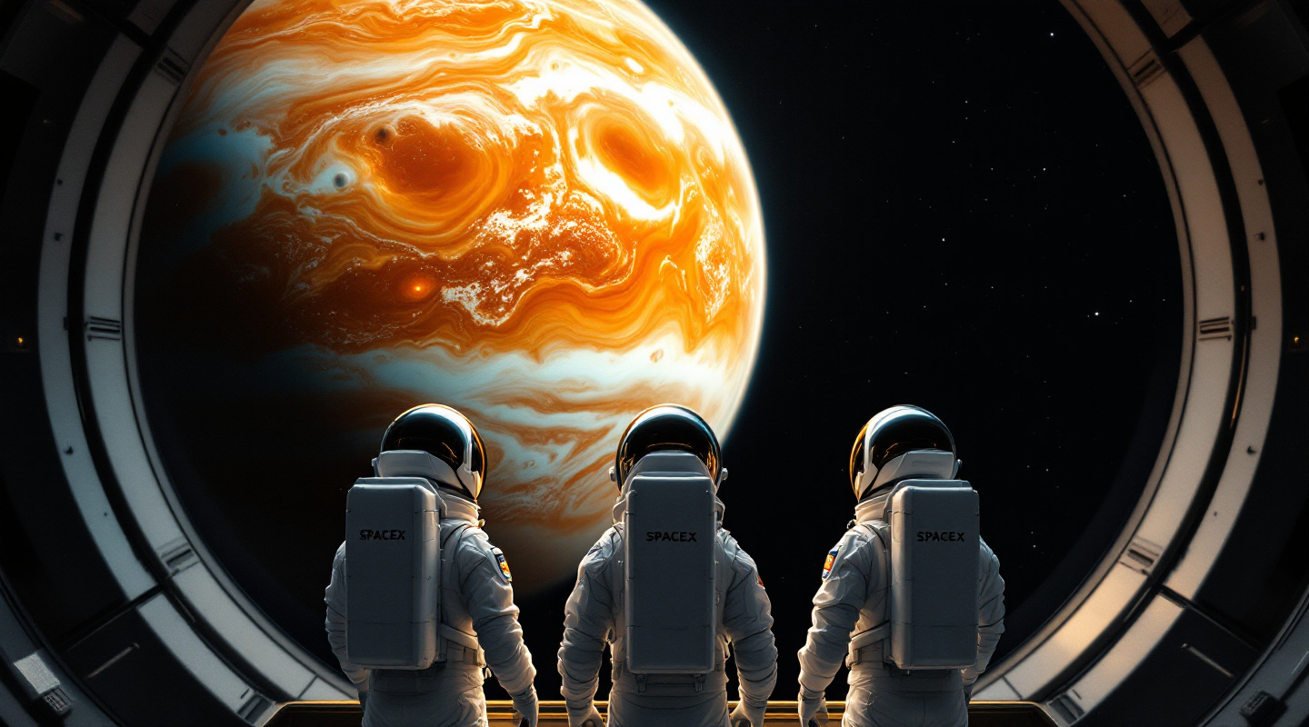 Prompt: Gazing out from an impressive spacecraft observation deck, three astronauts clad in white suits emblazoned with "SPACEX" stand in awe of the immense and vivid planet Jupiter, whose swirling clouds and rich, warm hues dominate the backdrop. The scene is set in the quiet expanse of space, highlighted by the dark void contrasting against Jupiter's striking atmosphere, accentuated by the soft, ethereal light that filters through the viewing window. Each astronaut, positioned side by side, exhibits a sense of wonder and curiosity, their helmets reflecting the grandeur of the gas giant, embodying the spirit of exploration and adventure. This striking visual composition invites the viewer to contemplate the boundless possibilities of space travel and the enigmas that await beyond Earth.