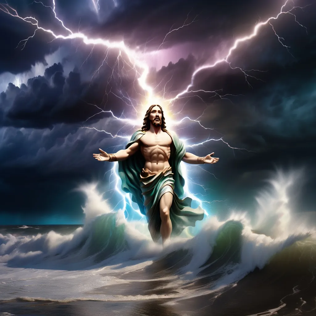 Prompt: Jesus is on the horizon in the distance walking on water in a storm surrounded by lightning and thunder. He is transfigured in an awesome light. Waves are crashing against the shoreline in the foreground. Jesus face is perfectly formed and calm. The storm is vivid and strong. The sky dark and enigmatic with waves of iridescent lightning. 