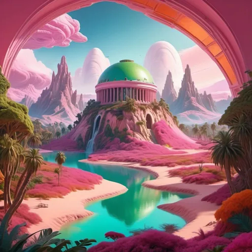 Prompt: A surreal and vividly imaginative landscape unfolds, featuring a colossal dome encasing a miniature, verdant mountain surrounded by lush trees and a winding path, set against a backdrop of strikingly colorful, alien terrain. This enclosed paradise sits within a vivid, pink-hued lake, contrasting sharply with the rich, orange sands of the surrounding landscape, which is dotted with jagged rock formations that stretch towards an atmospheric horizon filled with billowing clouds. The otherworldly environment is further enhanced by additional smaller domes, hinting at potential human habitation or exploration in this fantastical setting. The overall composition merges a dreamlike quality with rich colors and unusual forms, evoking a sense of wonder and curiosity about life and landscapes beyond Earth.
