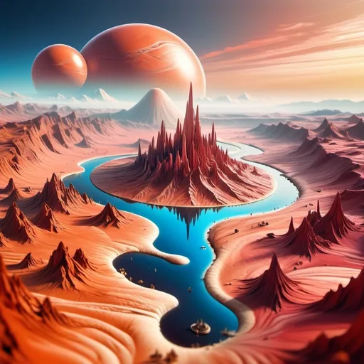 Prompt: aerial view, tilt-shift, isometric miniature world, detailed landscape Mars world render with futuristic glass domes filled with forests and lakes and futuristic twisted skyscrapers. Mount Mons the dormant volcano is part of this landscape with dramatic sky. Red and orange tones with blue sky. Dramatic Martian clouds with red and pink and rustic hues. Airy feel as Mars is being terraformed into a beautiful landscape. Airy and light with glass domes iridescent with refracted light from the sunset. 