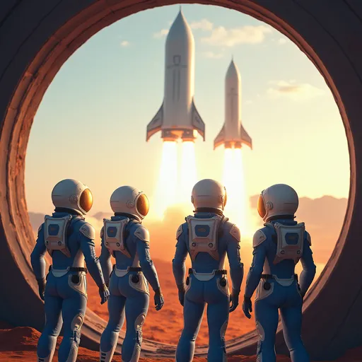 Prompt: Framed by a large curved futuristic window, a group of four figures clad in sleek, blue and white space suits and futuristic space helmets with visors open gazes out at two futuristic starships gracefully launching into the sky, their fiery fusion powered blue exhaust illuminating the dawn-like atmosphere. The starships are the size of freighters, large yet gracefully departing. The visible landscape is dominated by an expansive Mars landscape, hinting at a remote launch site as distant mountains rise softly in the background. The expressions of the figures – a mix of awe and determination – convey a sense of hope and adventure. Bathed in warm, soft lighting, the scene has a vibrant, almost dream-like quality, capturing a pivotal moment of technological achievement and human aspiration in the realm of space exploration.