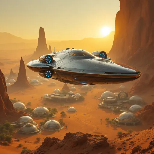 Prompt: Navigating through an ethereal landscape of Mars, a sleek freighter spacecraft with gleaming metallic surfaces and fierce blue fusion engine propels itself against a backdrop of golden hues cast by a low sun. The ship is given the impression of ascending above domed cities filled with vegetation and futuristic structures. The expansive terrain is dotted with towering rock formations that rise dramatically from the dusty ground, while the glass domed cities below hint at domed ecosystem technology. Blue engines at the back of  the spacecraft hints at dynamic motion and the thrill of exploration of the red planet. The composition evokes a sense of adventure and mystery, drawing the viewer into a narrative of space exploration and discovery amidst an alien environment.
