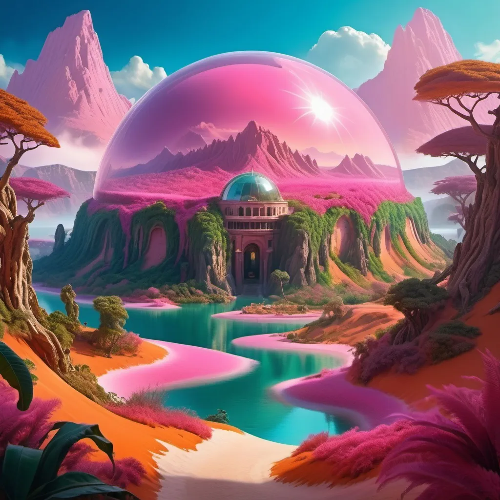 Prompt: A surreal and vividly imaginative landscape unfolds, featuring a colossal dome encasing a miniature, verdant mountain surrounded by lush trees and a winding path, set against a backdrop of strikingly colorful, alien terrain. This enclosed paradise sits within a vivid, pink-hued lake, contrasting sharply with the rich, orange sands of the surrounding landscape, which is dotted with jagged rock formations that stretch towards an atmospheric horizon filled with billowing clouds. The otherworldly environment is further enhanced by additional smaller domes, hinting at potential human habitation or exploration in this fantastical setting. The overall composition merges a dreamlike quality with rich colors and unusual forms, evoking a sense of wonder and curiosity about life and landscapes beyond Earth.