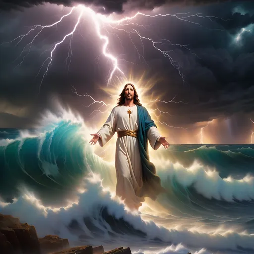 Prompt: Jesus is clothed and on the horizon as a figure in the distance a mile away and walking on water in a storm surrounded by lightning and thunder. He is transfigured in an awesome light. Waves are crashing against the shoreline in the foreground. Jesus face is perfectly formed and calm. The storm is vivid and strong. The sky dark and enigmatic with waves of iridescent lightning. 