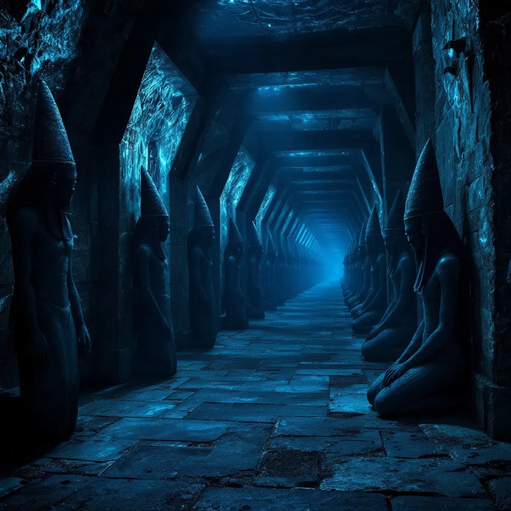 Prompt: In the halls of Amenti beneath the Pyramids of Giza, a hallowed hall filled with Figures on either side in blue and black obsidian. The hallway is ancient and is filled with a dusty twilight and divine light. The figures have an otherworldly feel as if speaking of Mars and Sirius. God like figures some are kneeling and some are resplendent as if in acknowledgement of the divine presence before them. 