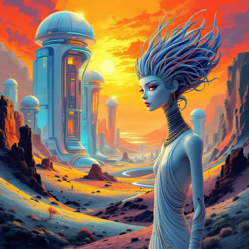 Prompt: A surreal landscape on Mars unfolds in shades of orange and red, depicting a futuristic scene filled with various architectural marvels, such as futuristic glass domed cities filled with twisted skyscrapers that rise against a vibrant sky. The glass domes shine with radiance as they cover the cities completely in their own ecosystem. In the foreground, a stylized white humanoid in an Egyptian style with an emotional expression stands, characterized by flowing lines and a unique hairstyle that resembles strands of abstract art. Wisps of colorful waves sweep across the composition, suggesting movement and dynamism while framing the figure's pensive gaze. The overall style evokes a blend of dreamy abstraction and sci-fi aesthetics, inviting a sense of wonder and intrigue about this imaginative world. The mood is both contemplative and adventurous, hinting at the exploration of uncharted realms.