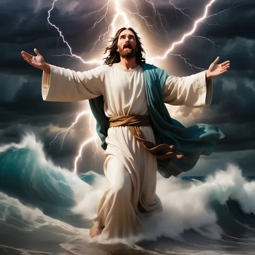 Prompt: Jesus walking on water in a storm surrounded by lightning and thunder. Jesus is transfigured in an awesome light. Waves are crashing against the shoreline. Jesus face is calm.