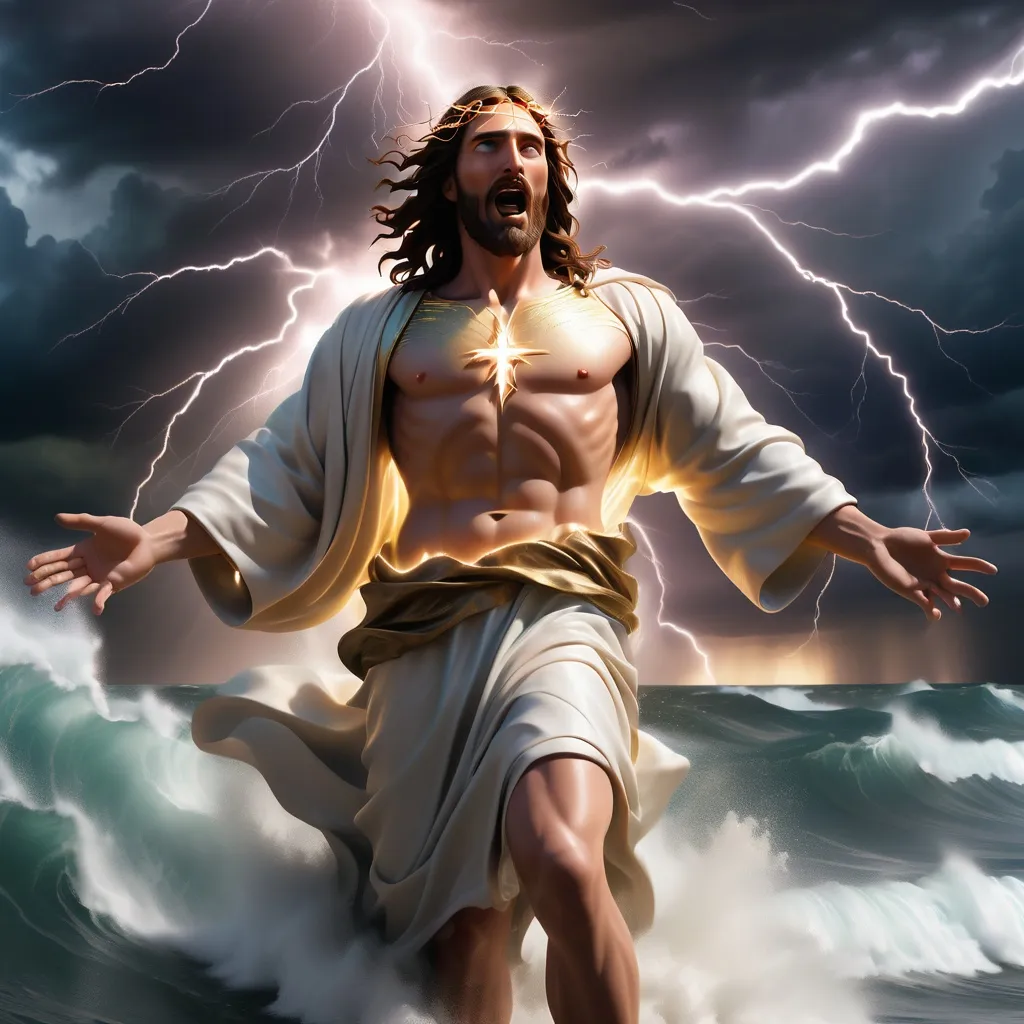 Prompt: Jesus is fully clothed and on the horizon in the distance walking on water in a storm surrounded by lightning and thunder. He is transfigured in an awesome light. Waves are crashing against the shoreline in the foreground. Jesus face is perfectly formed and calm. The storm is vivid and strong. The sky dark and enigmatic with waves of iridescent lightning. 